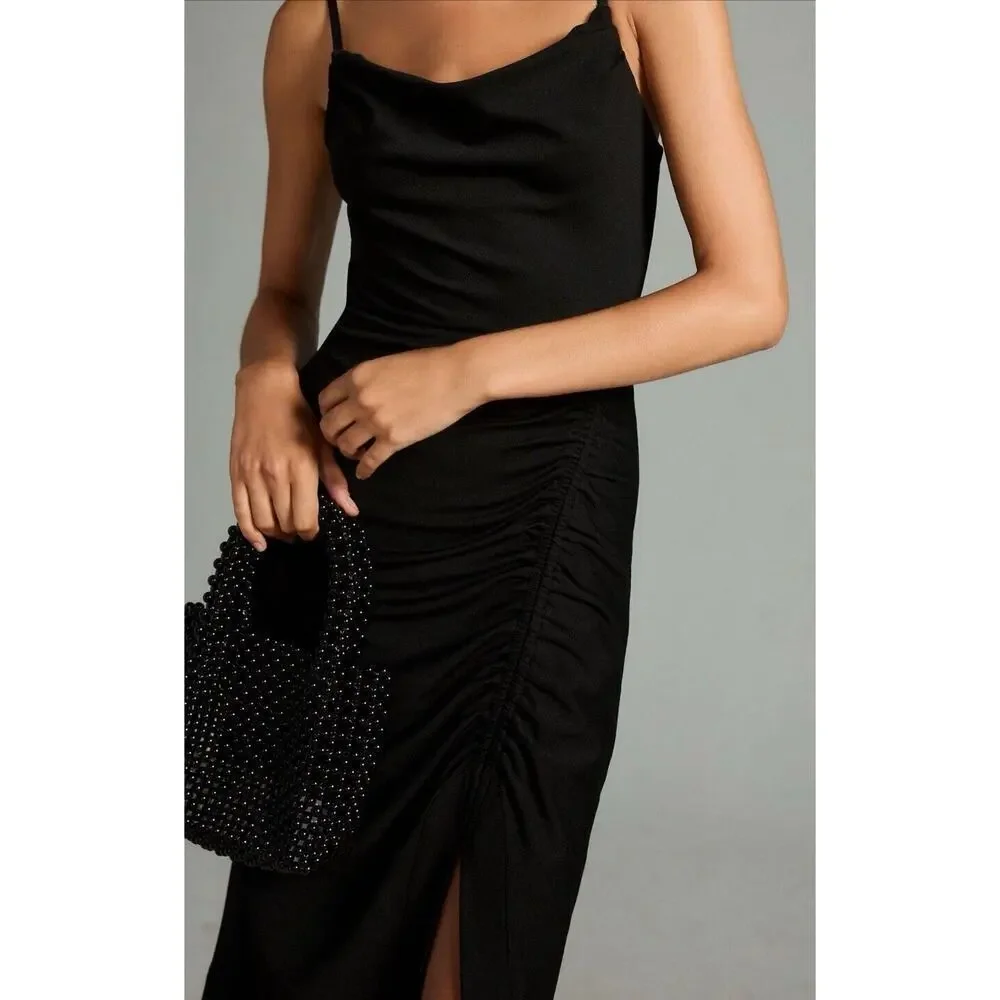 Anthropologie Cowl Neck Strappy Black Smocked Bodycon Event Party Dress Sz S NEW - Picture 3 of 14